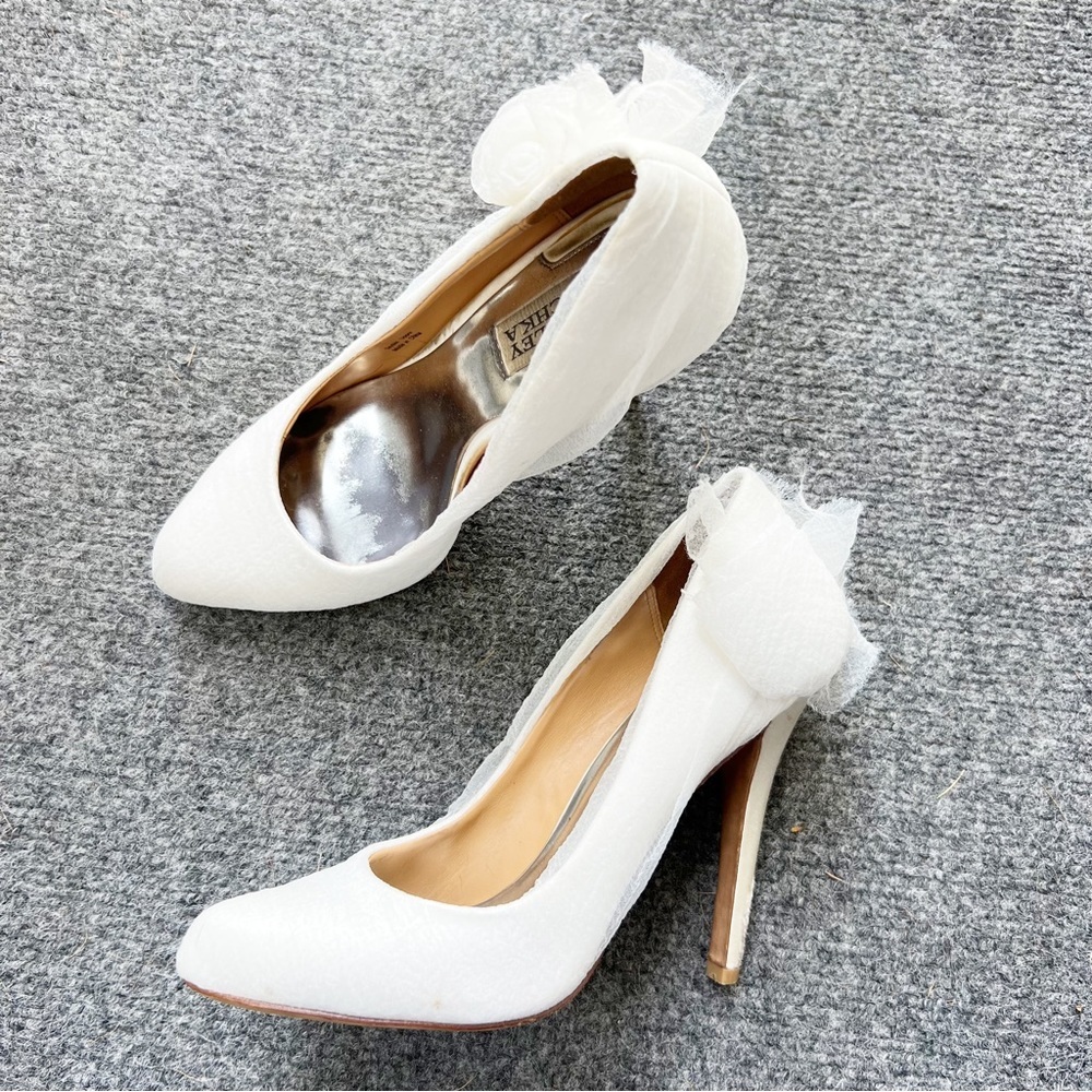 Badgley Mischka White Heels with Floral Accent